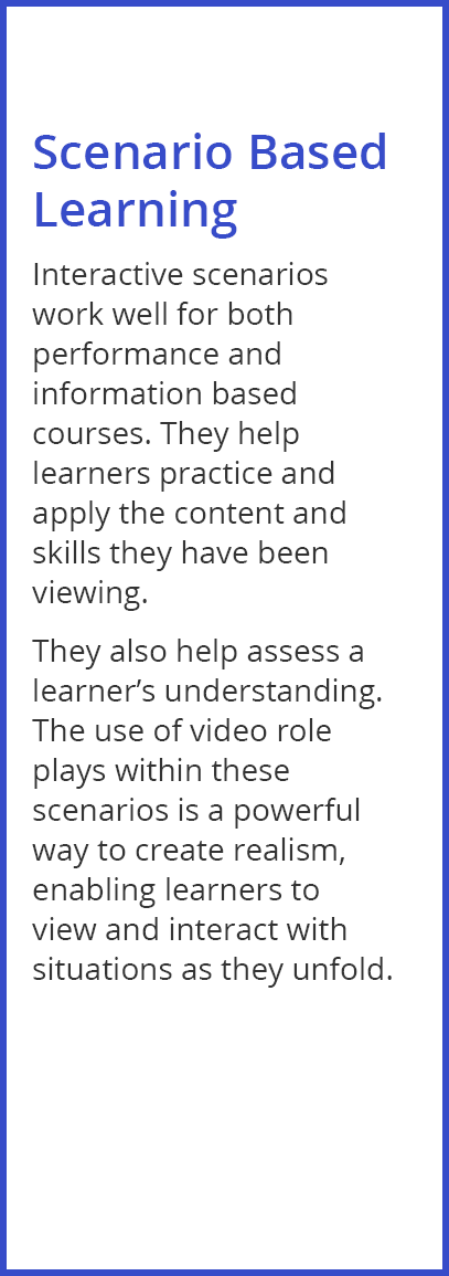 Scenario Based Learning Interactive scenarios work well for both performance and information based courses  They help   