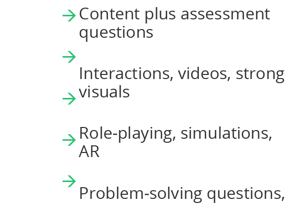 Content plus assessment questions Interactions, videos, strong visuals Role-playing, simulations, AR Problem-solving    
